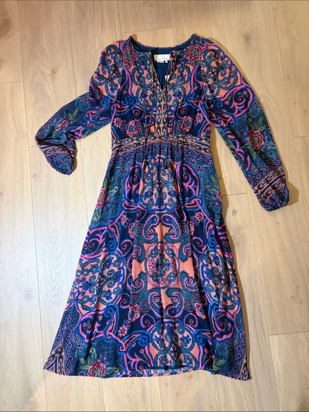 Anthropologie Long Sleeve Paisley Midi Dress in Pink & Blue